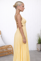 Mandy | Elegant Yellow Pleated V-Neck Maxi Dress